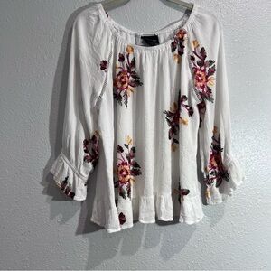 Live Los Angeles White Embroidered Peasant Blouse with Floral Accents Sz XL